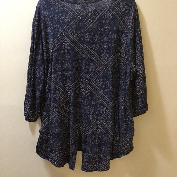 Lucky Brand Blue 3/4 Sleeve Boho Top Spring Blouse Paisley Floral Print - Picture 2 of 7